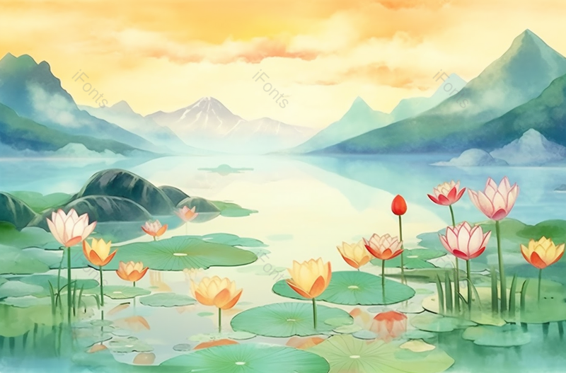 唯美夕阳下荷花背景,插画/手绘图,插画/手绘图库,插画/手绘图下载,插画/手绘